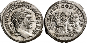 (217 d.C.). Caracalla. Denario. (Spink 6892) (S. 650) (RIC. 297e). Leve grieta. Bella. Rara. 3,19 g. (EBC).