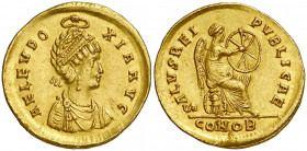 (402-403 d.C.). Aelia. Constantinopla. Sólido. (Spink 20881) (RIC. 28) (Ratto 139). Bella. Ex NAC 05/12/2002, nº 330. Rara. 4,42 g. EBC.