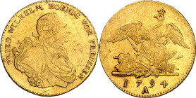 Alemania. Prusia. 1794. Federico Guillermo II. A (Berlín). 1 federico de oro. (Fr. 2417) (Kr. 349). Leves rayitas. Parte de brillo original. Muy rara....