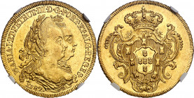 Brasil. 1782. María I y Pedro III. R (Río). 6400 reis (1 peça). (Fr. 76) (Gomes 30.12). En cápsula de la NGC como MS61, nº 4626680-018. Bella. Brillo ...