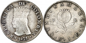 Colombia. Cundinamarca. 1821. Bª (Bogotá). JF. 8 reales. (Kr. C6). Muy escasa. AG. 22,84 g. MBC-/MBC.