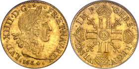 Francia. 1664. Luis XIV. D (Lyon). 1 luis de oro. (Fr. 421) (Kr. 200.3). En cápsula de la PCGS como MS61, nº 1004709.61/90089839. Bella. Muy escasa as...