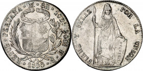 Perú. 1855. Lima. MB. 8 reales. (Kr. 142.10a). Parte de brillo original. Rara. AG. 23,40 g. MBC+.