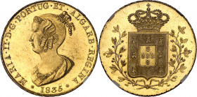 Portugal. 1835. María II. Lisboa. 4 escudos (1 peça). (Fr. 141) (Gomes 19.02). Muy bella. Brillo original. En cápsula de la NGC como MS63+, nº 4246280...