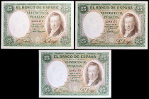 1931. 25 pesetas. (Ed. C9) (Ed. 358). 25 de abril, Vicente López. Trío correlativo. Esquinas rozadas. S/C-.