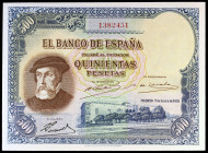 1935. 500 pesetas. (Ed. C16) (Ed. 365). 7 de enero, Hernán Cortés. Esquinas rozadas. Pleno apresto. Raro así. S/C.