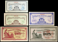 Asturias y León. 25, 40, 50 céntimos, 1 y 2 pesetas. (Ed. C45 a C49) (Ed. 394 a 398). 5 billetes, serie completa. Escasos. S/C-/S/C.