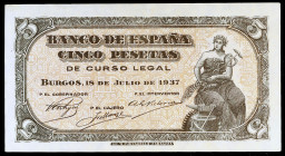 1937. Burgos. 5 pesetas. (Ed. D25a) (Ed. 424a). 18 de julio. Serie B. Escaso. EBC-.