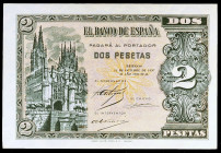 1937. Burgos. 2 pesetas. (Ed. D27) (Ed. 426). 12 de octubre, serie A. Esquinas rozadas. Raro. S/C-.