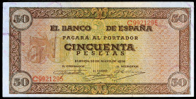1938. Burgos. 50 pesetas. (Ed. D32a) (Ed. 431a). 20 de mayo, serie C. Algo descentrado. EBC+.