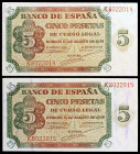 1938. Burgos. 5 pesetas. (Ed. D36a) (Ed. 435a). 10 de agosto. Pareja correlativa, serie K. S/C-.