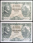 1940. 25 pesetas. (Ed. D37) (Ed. 436). 9 de enero, Juan de Herrera. Pareja correlativa serie A, numeración baja 0002612/3. Leve doblez central. Total ...