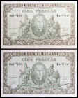 1940. 100 pesetas. (Ed. D39a) (Ed. 438a). 9 de enero, Colón. Pareja correlativa, serie H. Doblez central. Pleno apresto. EBC+.