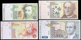 1992. 1000, 2000, 5000 y 10000 pesetas. 4 billetes sin serie, todos con numeración 008235. S/C.