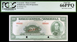Venezuela. s/d (1941-59). Banco Central. 20 bolívares. (Pick 32s). Simón Bolívar. SPECIMEN en rojo en anverso. Nº 00000 y 2 taladros. Certificado por ...