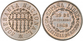 1868. Gobierno Provisional. Segovia. 25 milésimas de escudo. (AC. 10) (AC. pdf. 3). Bella. Parte de brillo original. Rara así. 6,23 g. EBC+.
