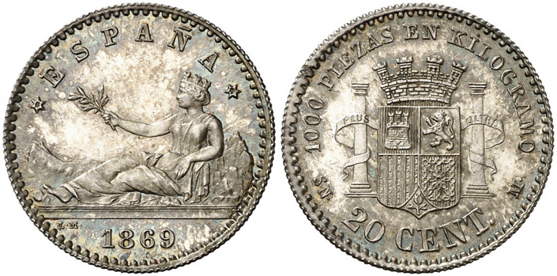 1869*69. Gobierno Provisional. SNM. 20 céntimos. (AC. 11). La moneda de plata má...