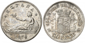 1870*70. Gobierno Provisional. SNM. 50 céntimos. (AC. 15). Atractiva. Rara así. 2,41 g. EBC-.