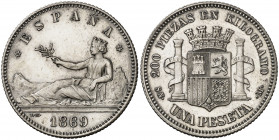 1869*1869. Gobierno Provisional. SNM. 1 peseta. (AC. 17). ESPAÑA. Ligeramente limpiada. Bella. Rarísima así. 4,95 g. EBC+.