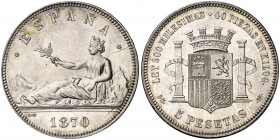1870*1870. Gobierno Privisonal. SNM. 5 pesetas. (AC. 39). Muy bella. Brillo original. Muy rara así. 24,83 g. EBC+.