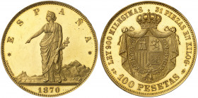1870*1870. Gobierno Provisional. SDM. 100 pesetas. (AC. 45). La moneda de oro más rara del Centenario de la peseta, acuñación de 12 monedas. Sólo hemo...