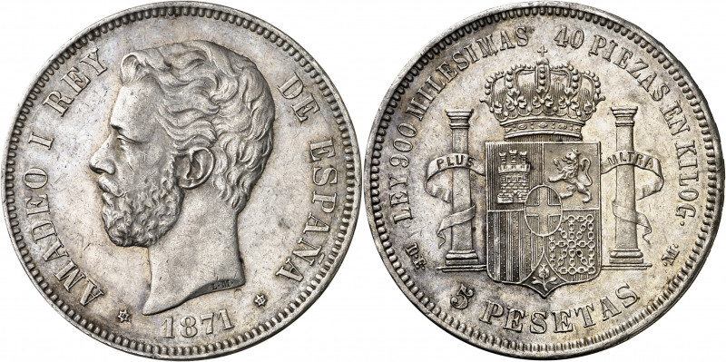 1871*1873. Amadeo I. DEM. 5 pesetas. (AC. 3). Leves marquitas. Buen ejemplar par...