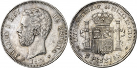 1871*1873. Amadeo I. DEM. 5 pesetas. (AC. 3). Leves marquitas. Buen ejemplar para este difícil "duro". 24,83 g. MBC+.