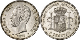 1871*1874. Amadeo I. DEM. 5 pesetas. (AC. 5). Leves marquitas. Bella. Brillo original. Rara así. 24,85 g. S/C-.