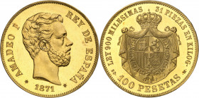 1871*1871. Amadeo I. SDM. 100 pesetas. (AC. 11). En canto: JUSTICIAYLIBERTAD. Firmado: L. M. Brillo original. Extraordinariamente rara. Oro amarillo. ...