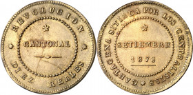 1873. Revolución Cantonal. Cartagena. 10 reales. (AC. 3, mismo ejemplar). Prueba adoptada en latón. Mínimos golpecitos. Rara. 11,56 g. EBC+.