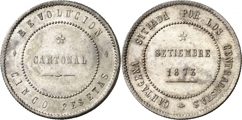 1873. Revolución Cantonal. Cartagena. 5 pesetas. (AC. 7). Coincidente. 80 perlas...