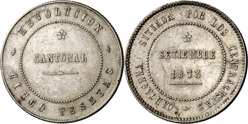 1873. Revolución Cantonal. Cartagena. 5 pesetas. (AC. 9). Coincidente. 100 perla...