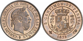 1875. Carlos VII, Pretendiente. Oñate. 5 céntimos. (AC. 3). Reverso girado. Muy bella. Pleno brillo original. Escasa así. 5 g. S/C-.