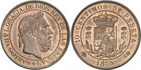 1875. Carlos VII, Pretendiente. Oñate. 10 céntimos. (AC. 5). Leve oquedad. Bella. Precioso color. Escasa así. 10,22 g. EBC+.