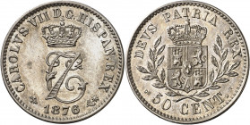1876. Carlos VII, Pretendiente. Bruselas. 50 céntimos. (AC. 9). Bella. Escasa. 2,48 g. S/C.