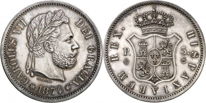 1874. Carlos VII, Pretendiente. Bruselas. 5 pesetas. (AC. 10). Muy bella. Brillo...
