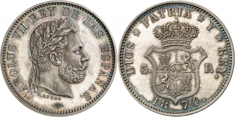 1874. Carlos VII, Pretendiente. Bruselas. 5 pesetas. (AC. 13). Canto liso. Escud...