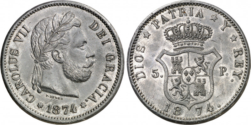 1874. Carlos VII, Pretendiente. Bruselas. 5 pesetas. (AC. 15). Prueba adoptada e...