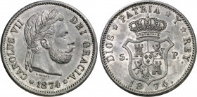 1874. Carlos VII, Pretendiente. Bruselas. 5 pesetas. (AC. 15). Prueba adoptada en plomo. Rara. 30,89 g. EBC.