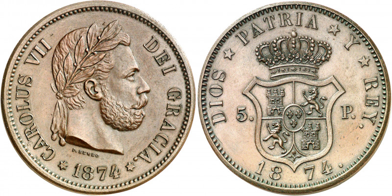 1874. Carlos VII, Pretendiente. Bruselas. 5 pesetas. (AC. 16) (AC. pdf. 16.1). P...