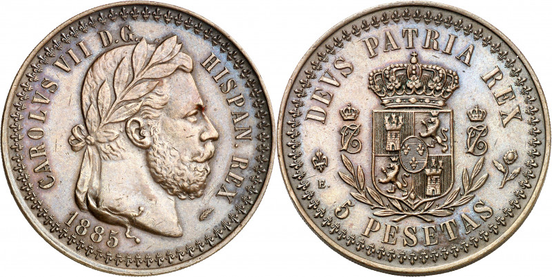1885. Carlos VII, Pretendiente. Bruselas. 5 pesetas. (AC. 18, mismo ejemplar). P...