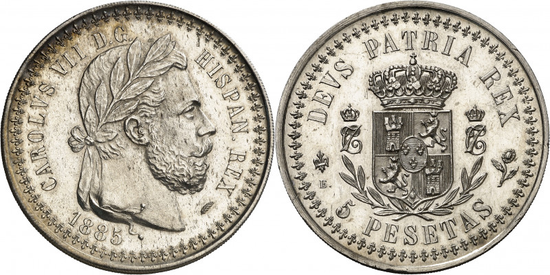 1885. Carlos VII, Pretendiente. Bruselas. 5 pesetas. (AC. 19). Mínimas rayitas. ...