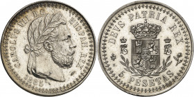 1885. Carlos VII, Pretendiente. Bruselas. 5 pesetas. (AC. 19). Mínimas rayitas. Bella. Muy rara, sólo hemos tenido tres ejemplares. 26,27 g. S/C-.