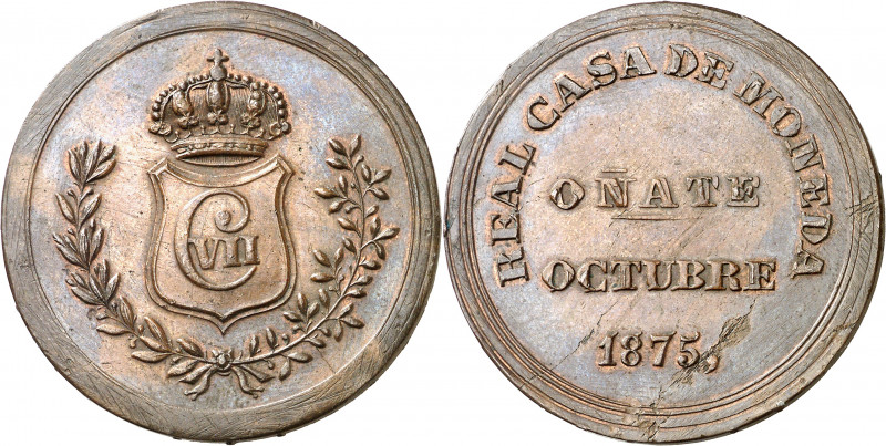 1875. Carlos VII, Pretendiente. Oñate. 5 pesetas. (AC. 20). Acuñada en cobre. Le...
