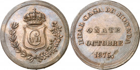 1875. Carlos VII, Pretendiente. Oñate. 5 pesetas. (AC. 20). Acuñada en cobre. Leves rayitas y hojita. Rara. 21,71 g. EBC+.