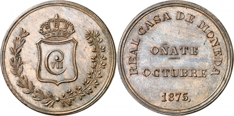 1875. Carlos VII, Pretendiente. Oñate. 5 pesetas. (AC. 20). Acuñada en cobre. Cu...