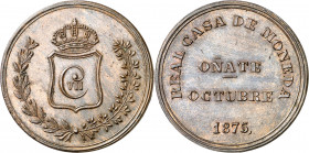 1875. Carlos VII, Pretendiente. Oñate. 5 pesetas. (AC. 20). Acuñada en cobre. Cuños distintos. Bella. Rara. 23,89 g. S/C-.