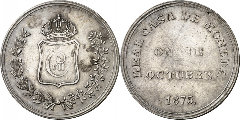 1875. Carlos VII, Pretendiente. Oñate. 5 pesetas. (AC. 21). Acuñada en plata. Ra...