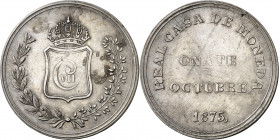 1875. Carlos VII, Pretendiente. Oñate. 5 pesetas. (AC. 21). Acuñada en plata. Rayitas. Muy rara. 23,24 g. EBC-.