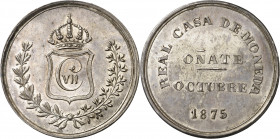 1875. Carlos VII, Pretendiente. Oñate. 5 pesetas. (AC. 21). Acuñada en plata. Cuños distintos. Leves marquitas. Bella. Muy rara. 26,62 g. EBC+.